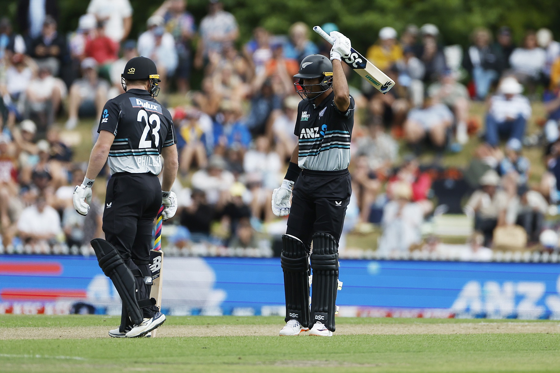 Rachin Ravindra celebrates 50 runs during the Black Caps’ third T20 against Sri Lanka at Saxton...