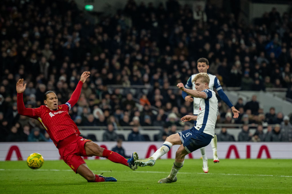 Lucas Bergvall scores Tottenham Hotspur's goal against Liverpool. Photo: Getty Images 