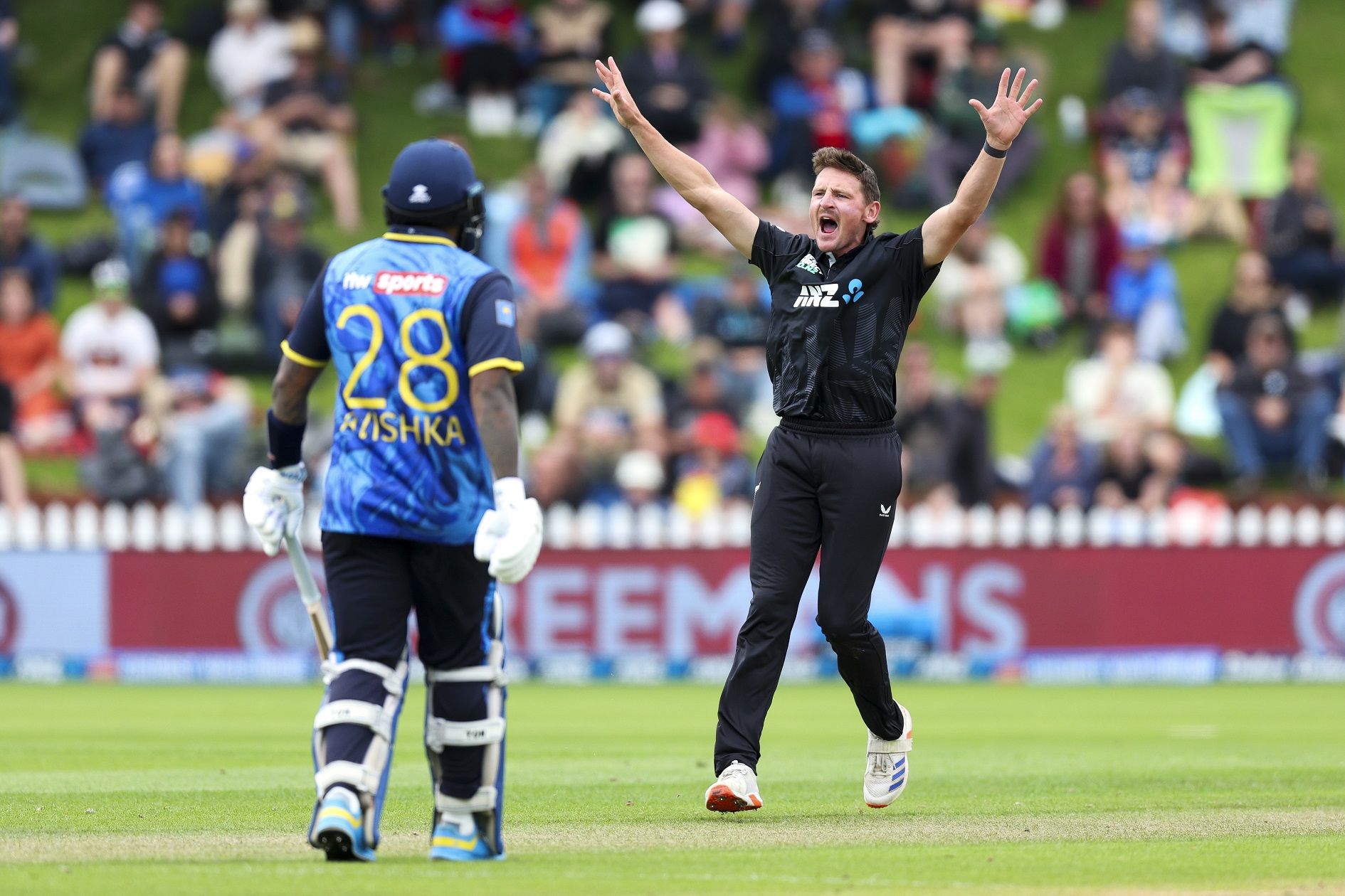 Black Caps seamer Nathan Smith appeals successfully for the wicket of Sri Lanka batter Charith...