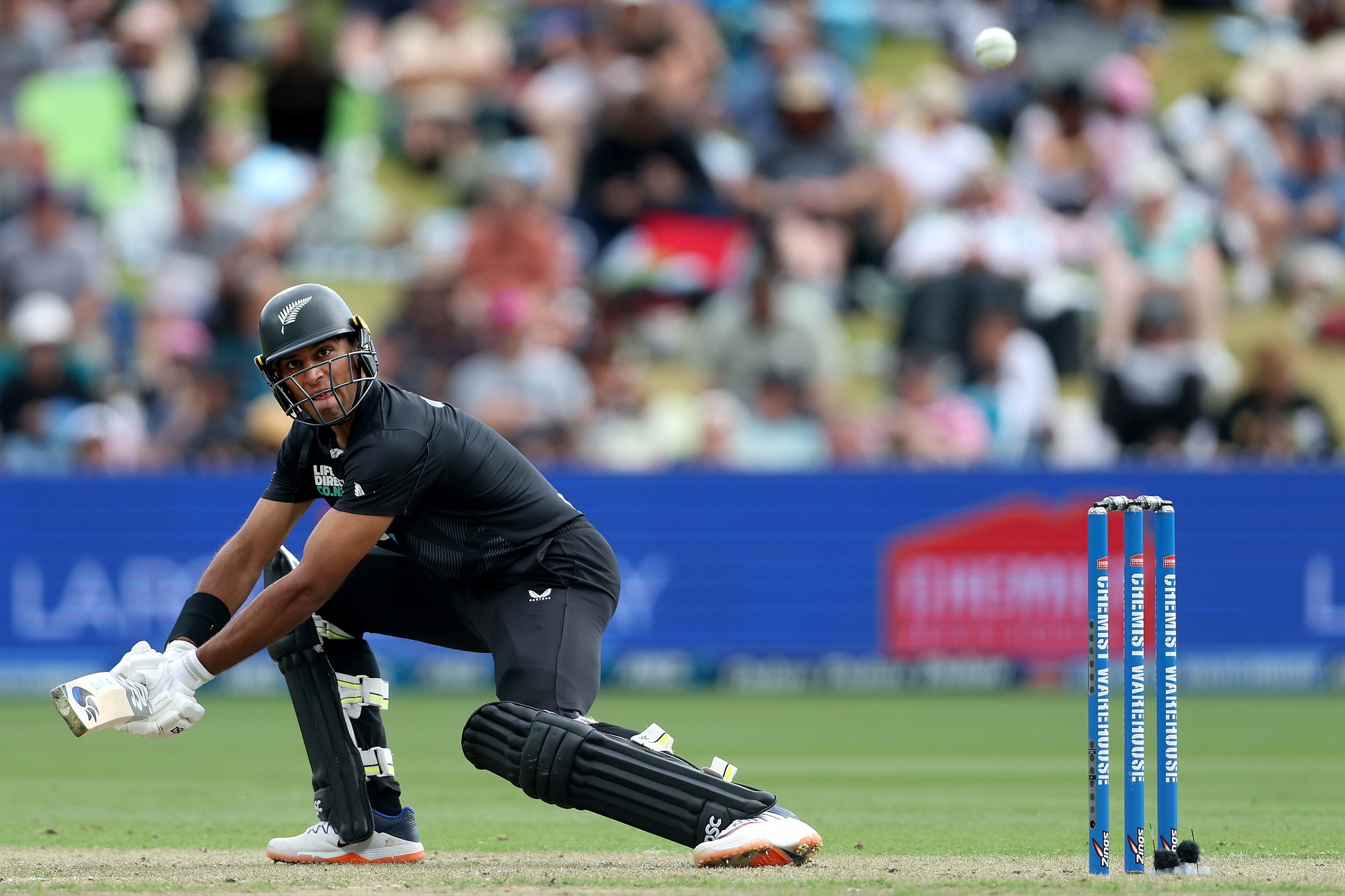 Black Caps batter Rachin Ravindra plays through the offside during the second ODI against Sri...