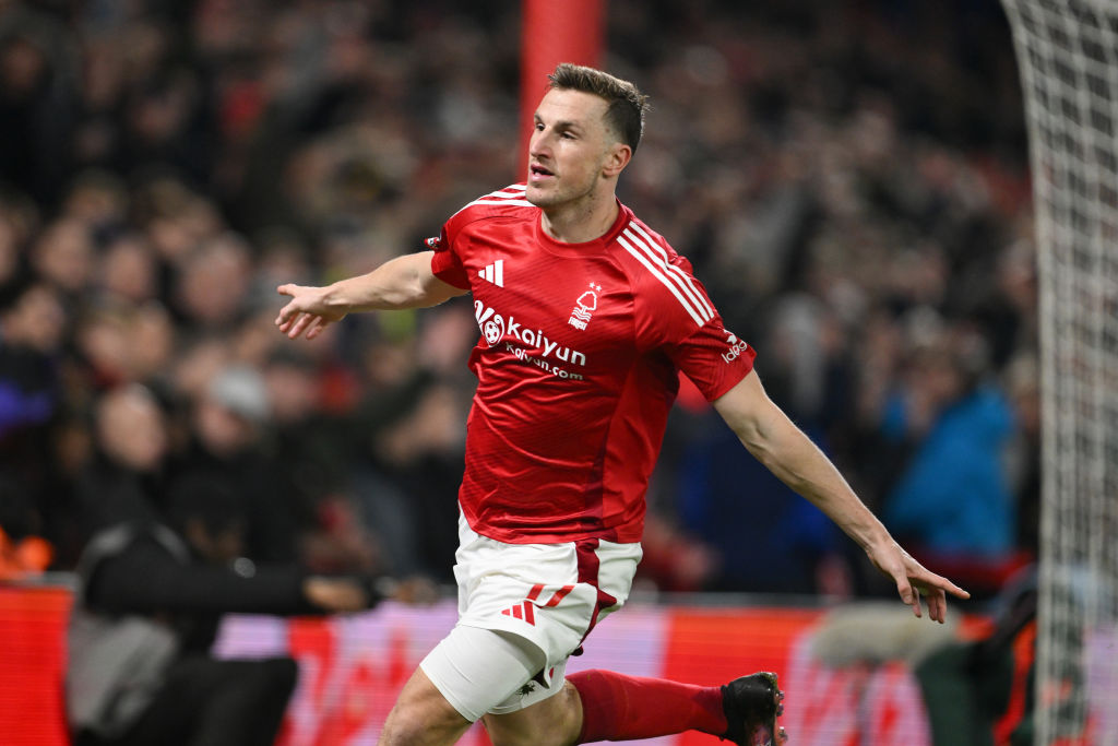 Chris Wood celebrates scoring for Nottingham Forest against Liverpool this morning. Photo: Getty...