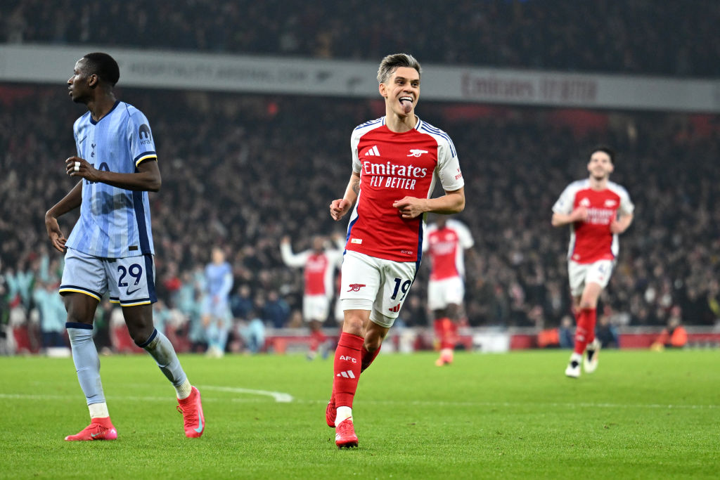 Leandro Trossard celebrates scoring the eventual winner for Arsenal against Spurs this morning....