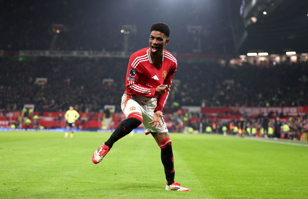 Amad Diallo of Manchester United celebrates scoring his team's third goal, his hat-trick during...