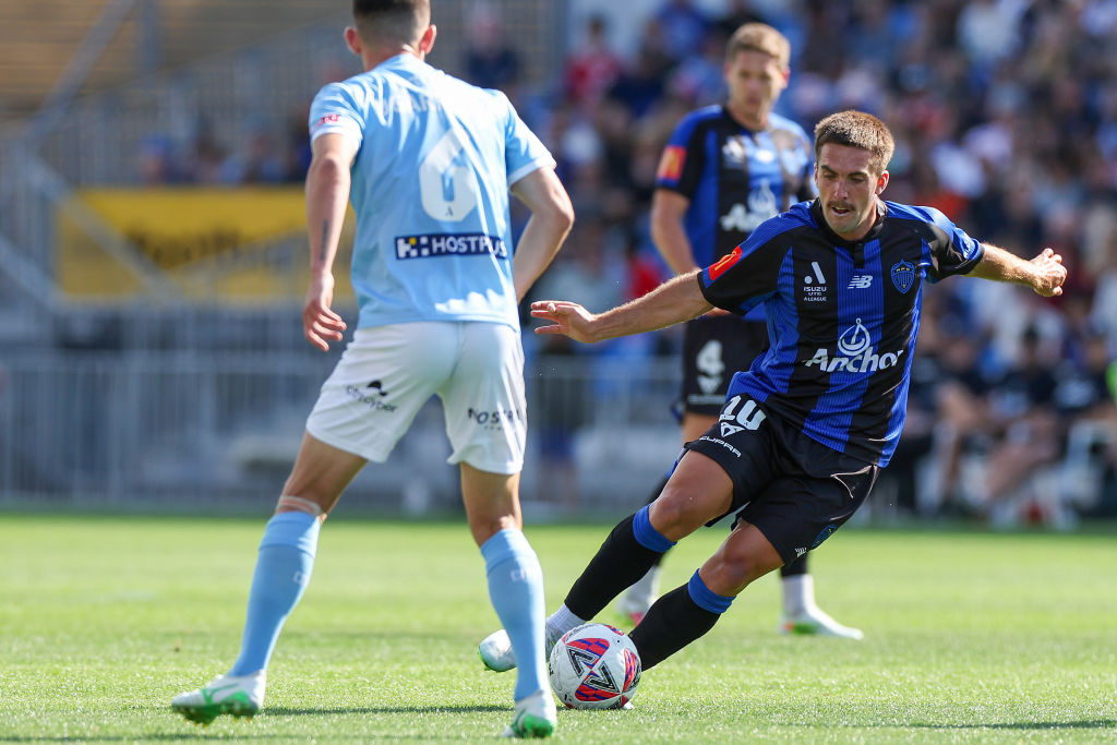 Guillermo May dribbles the ball for Auckland FC against Melbourne City on Saturday. Photo: Getty...