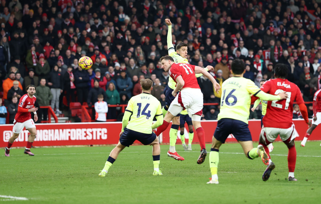 Chris Wood heads home for Nottingham Forest against Southampton this morning. Photo: Getty Images