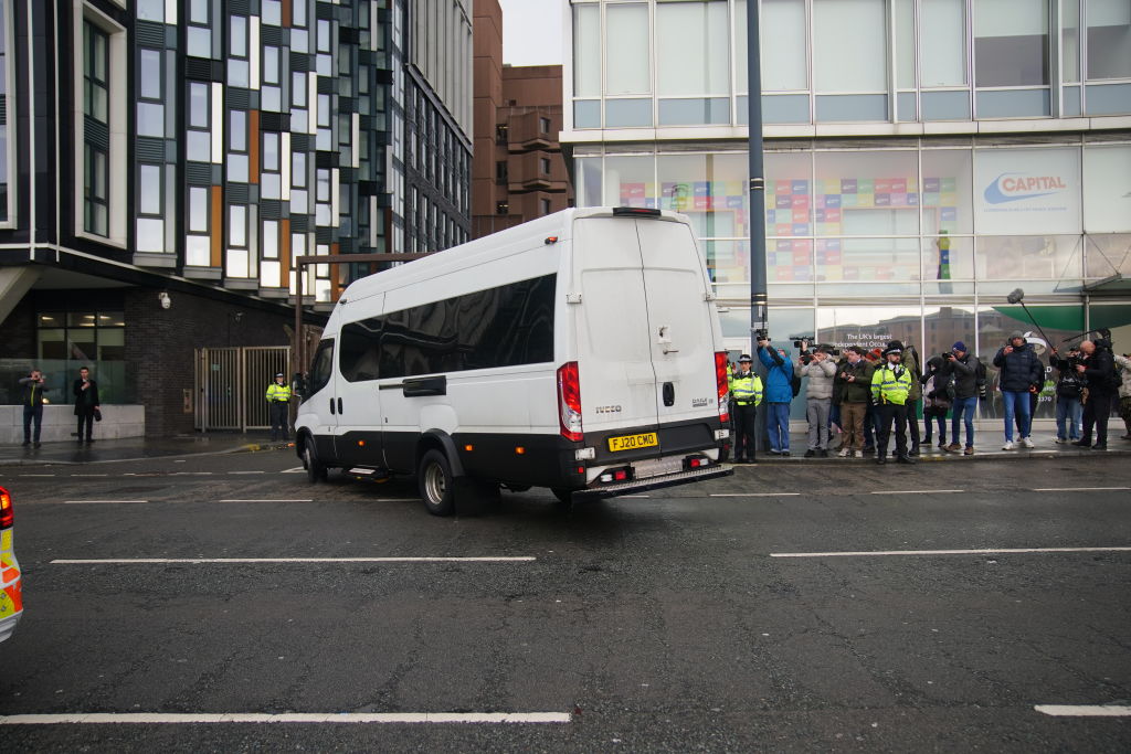 A prison van believed to be transporting Axel Rudakubana arrives at the Liverpool Crown Court for...