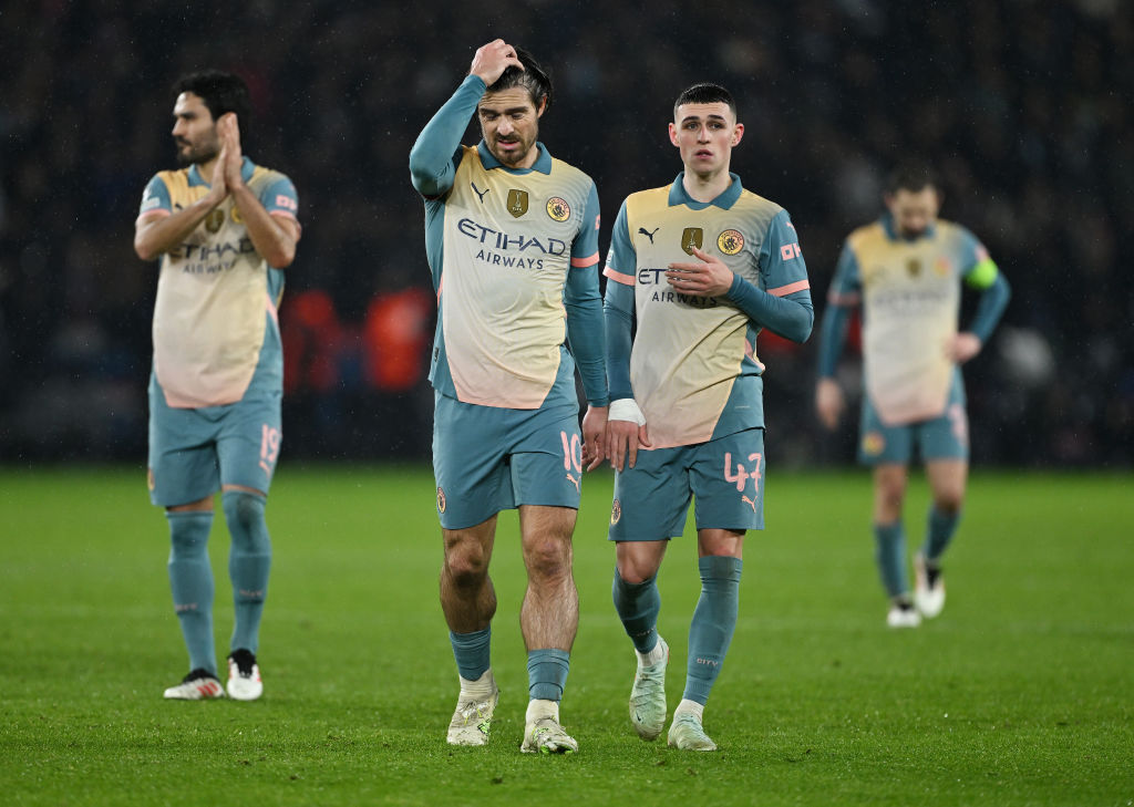 Jack Grealish and Phil Foden of Manchester City react after losing to PSG this morning. Photo:...