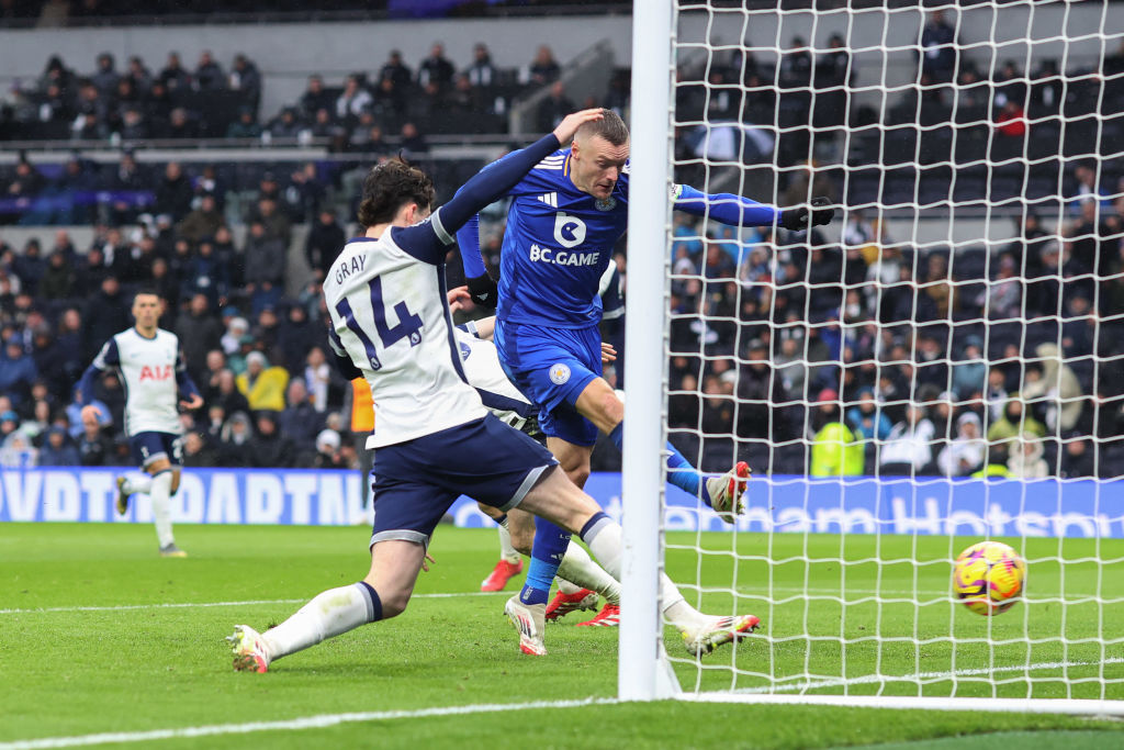 Leicester City striker Jamie Vardy scores against Spurs this morning in London. Photo: Getty Images