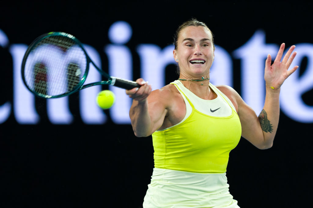 Ayrna Sabalenka plays a forehand during his semifinal win at the Australian Open yesterday. Photo...