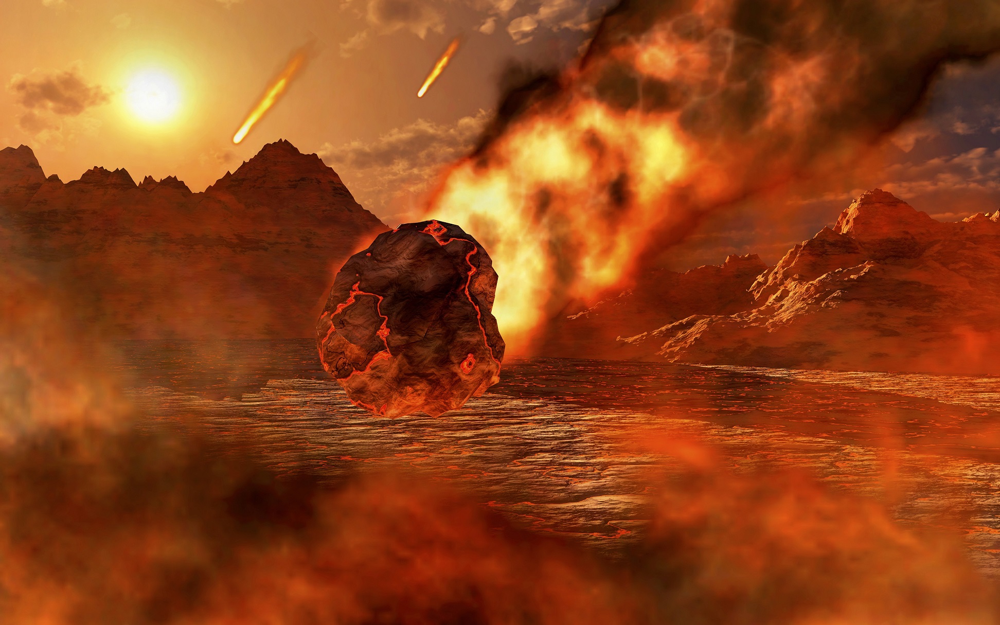 Earth 4 billion years ago was a seething mass of volcanoes pummelled by giant meteorites. Image:...