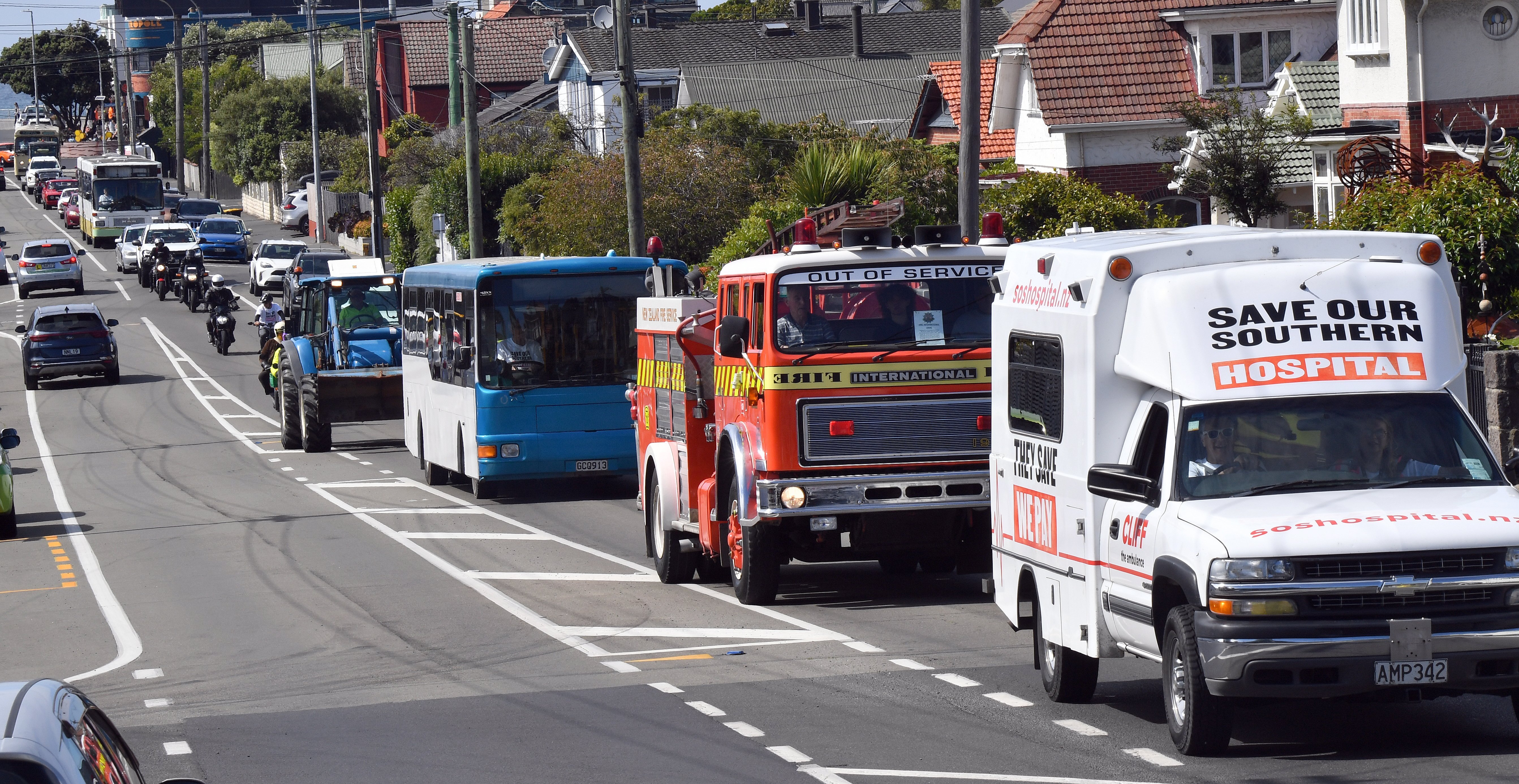 Cliff the ambulance leads other vehicles along Forbury Rd during the Save Our Southern Hospital...