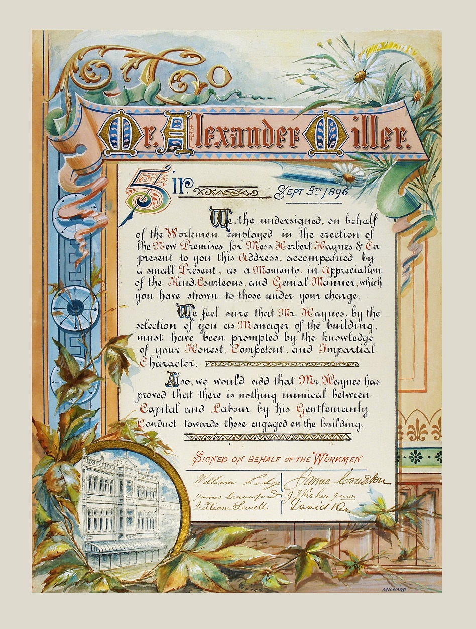 An illuminated address presented to Alexander Miller on September 5, 1896. Collection of Toitū...