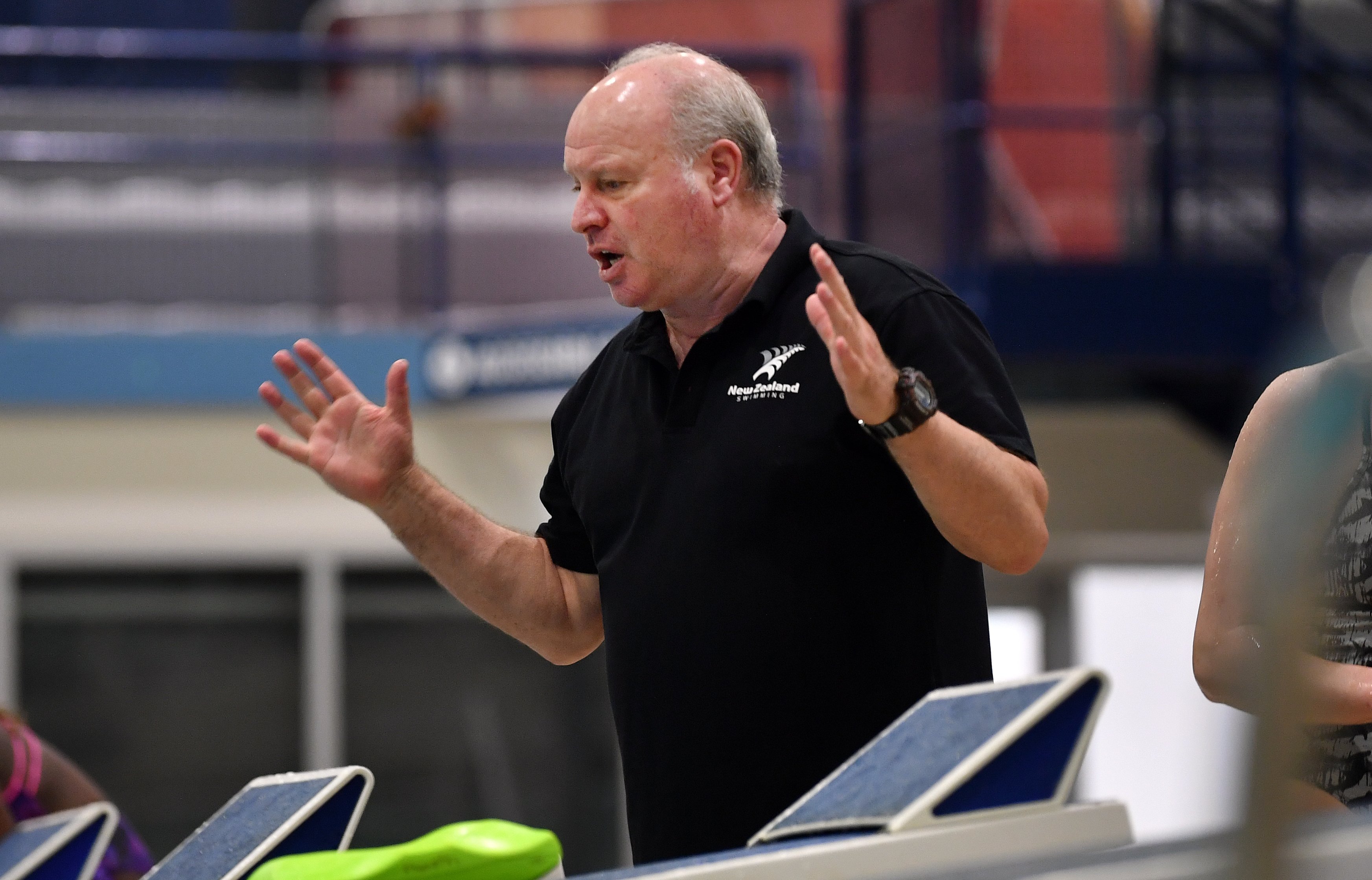 Dunedin swimming coach Lars Humer oversees his squad at Moana Pool. PHOTO: STEPHEN JAQUIERY