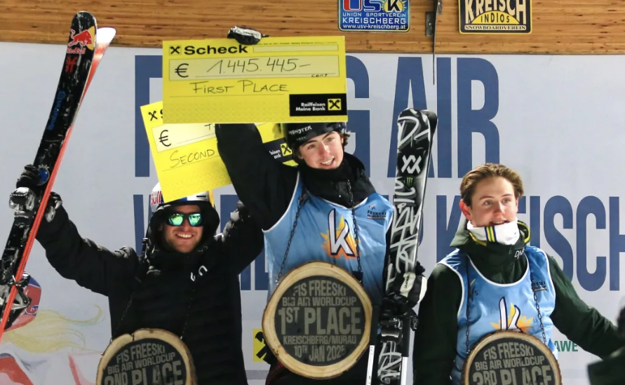 Luca Harrington (centre) celebrates his World Cup Freeski Big Air win in Austria Photo: supplied ...