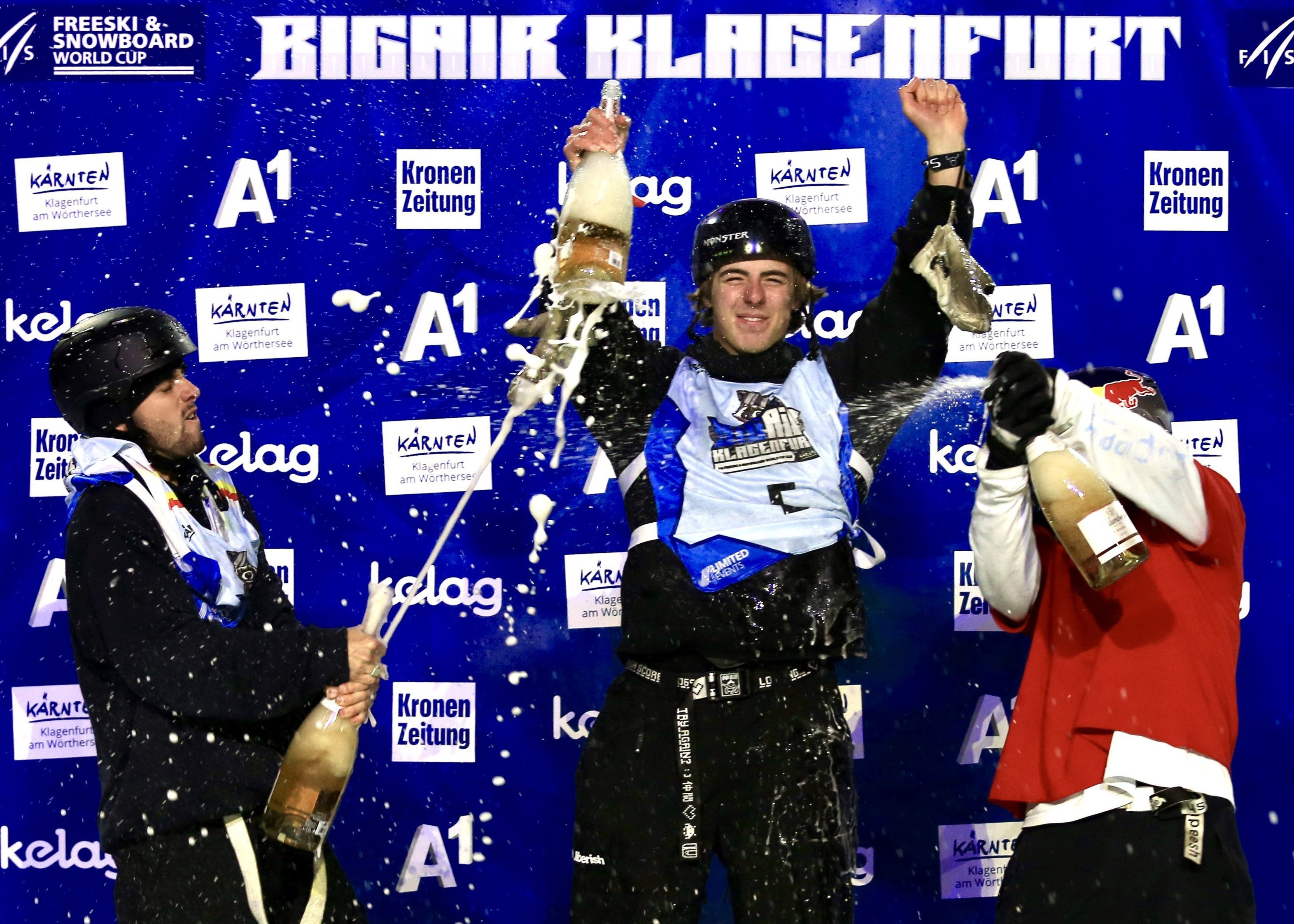 Wanaka freeskier Luca Harrington enjoys the spoils of victory after his FIS Freeski Big Air World...