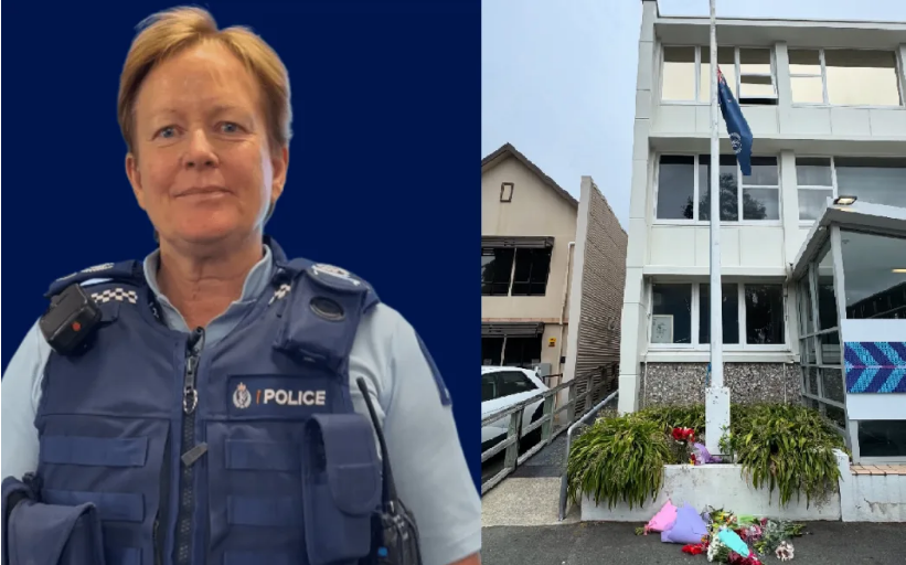 Senior Sergeant Lyn Fleming and some of the flowers laid outside her police station after her...