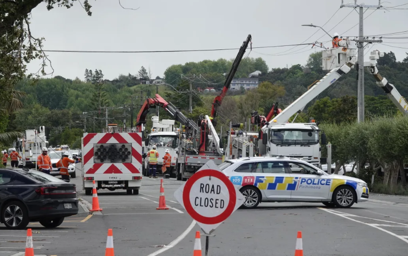 Moir Road closed to traffic as Northpower crews work to restore the power network. Photo: Peter...