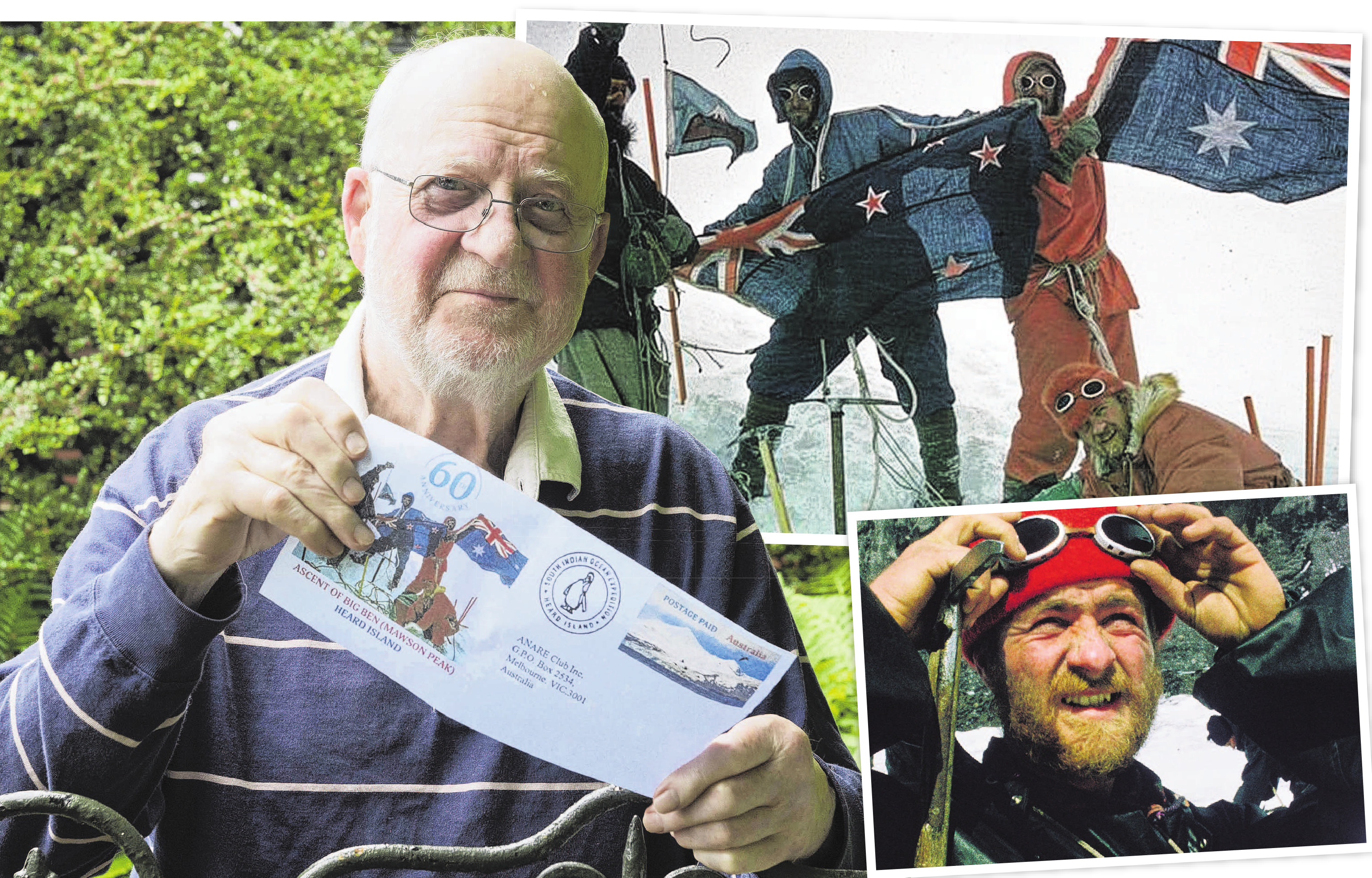 Philip Temple holds an Australian anniversary envelope which features him and fellow mountaineers...