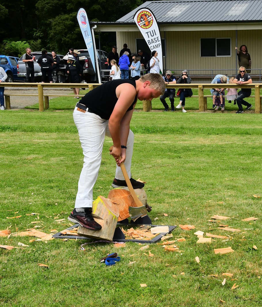 Toby Sellars, 12, of Riverton, completes a chop in an underhand event at Tuatapere’s New Year’s...