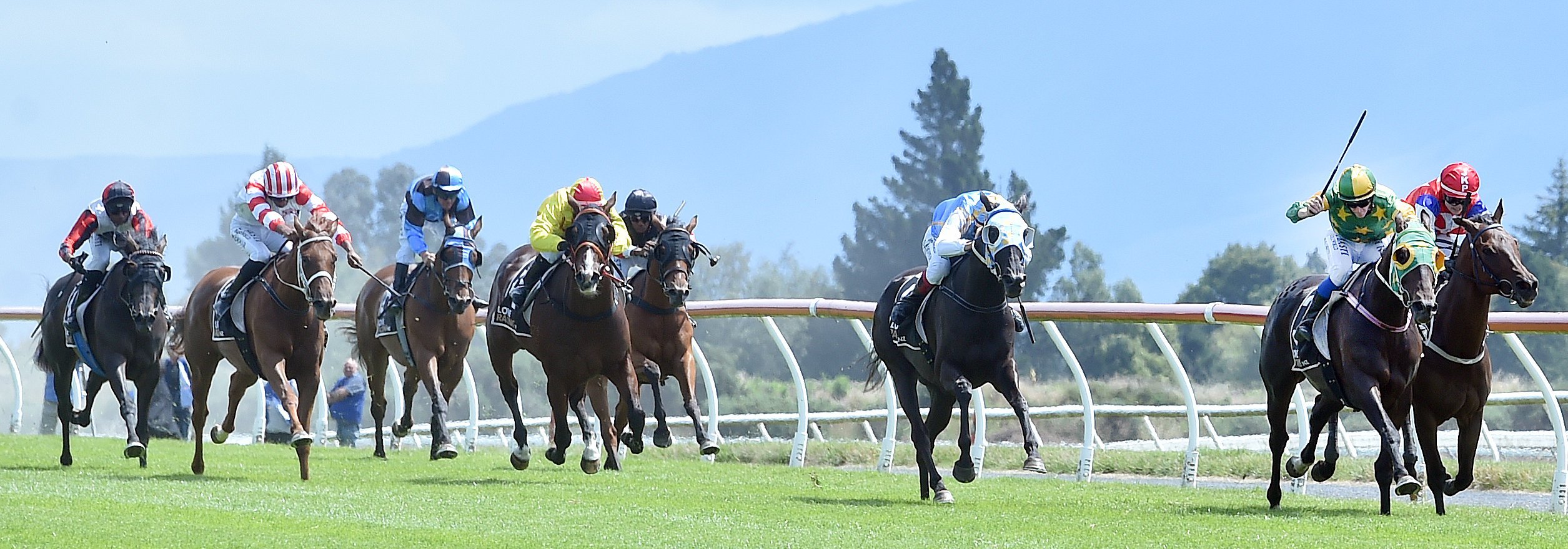 Corey Campbell (green with gold stars) guides Mayor Of Norwood to victory over Mahoe in the...