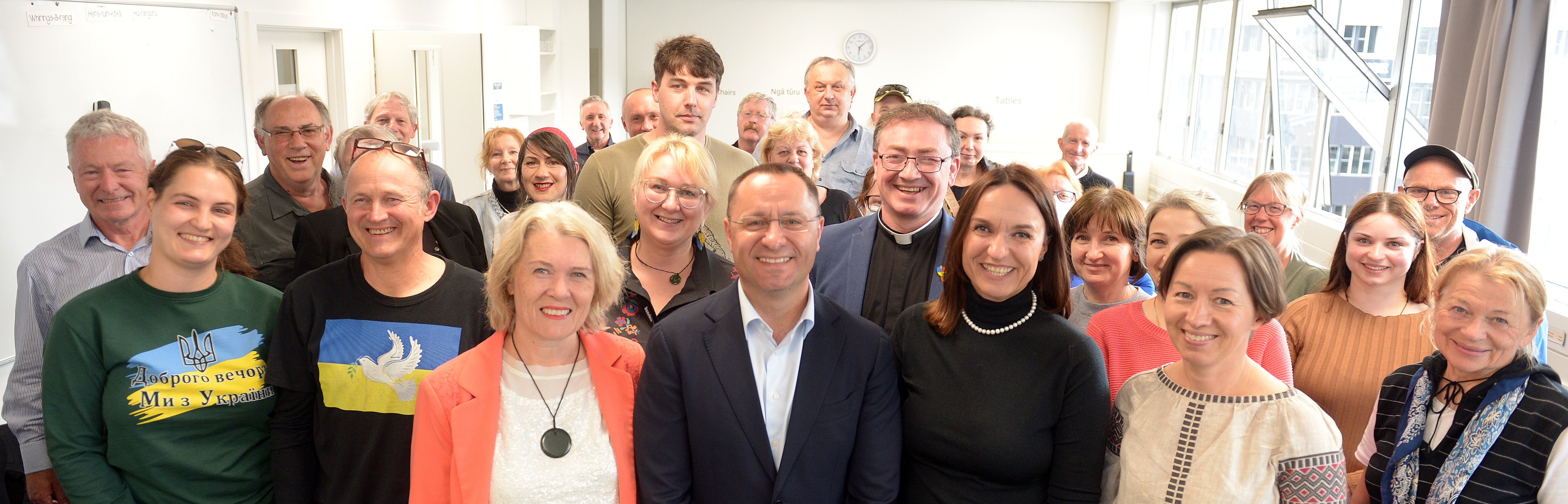 Ukraine Ambassador to Australia and New Zealand Vasyl Myroshnychenko (front, centre) gave a talk...