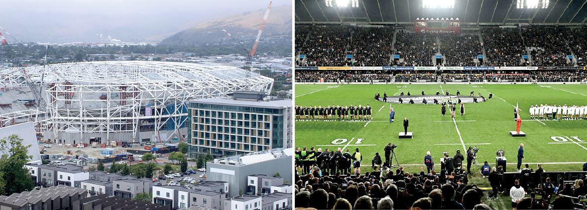 Te Kaha stadium (left), which opens in the Garden City next year, and Dunedin’s Forsyth Barr...