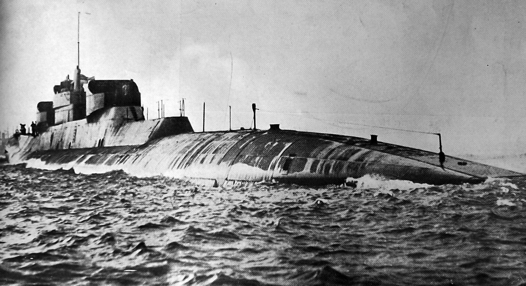 X1, the largest submarine yet built, cruises the surface at Spithead, in the Solent, England. —...