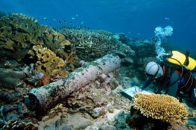 Underwater archaeologists have explored the wreck of  L’Astrolabe on Vanikoro. Photo: Osada...