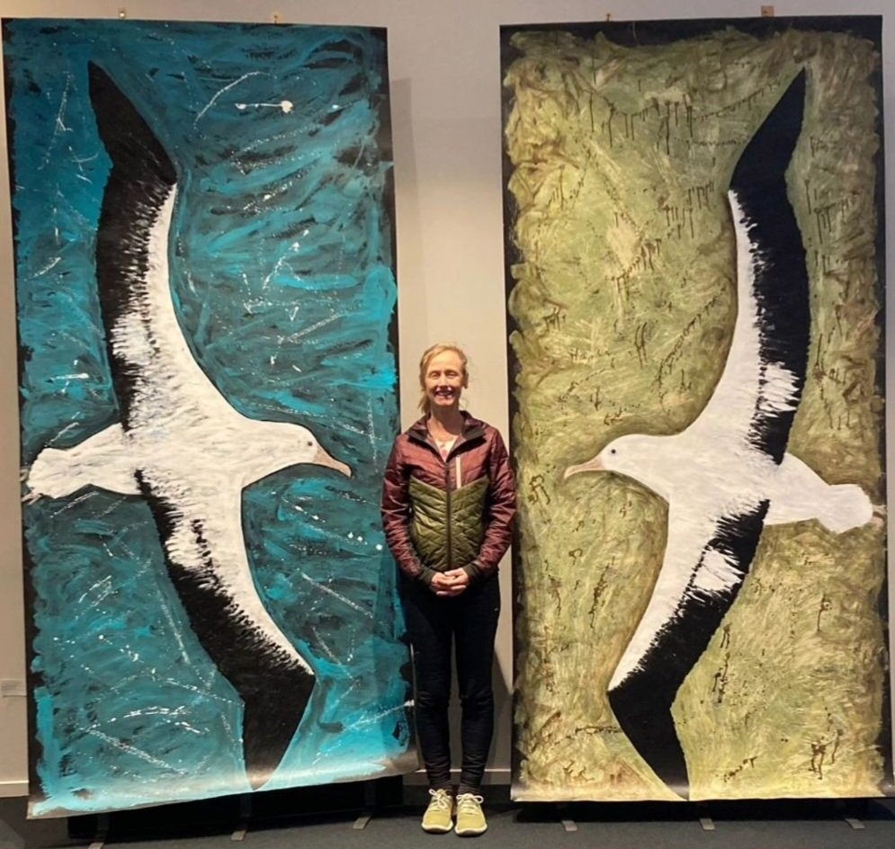 Chrissy Wickes with an artwork depicting the real-size southern royal albatross. PHOTOS: SUPPLIED