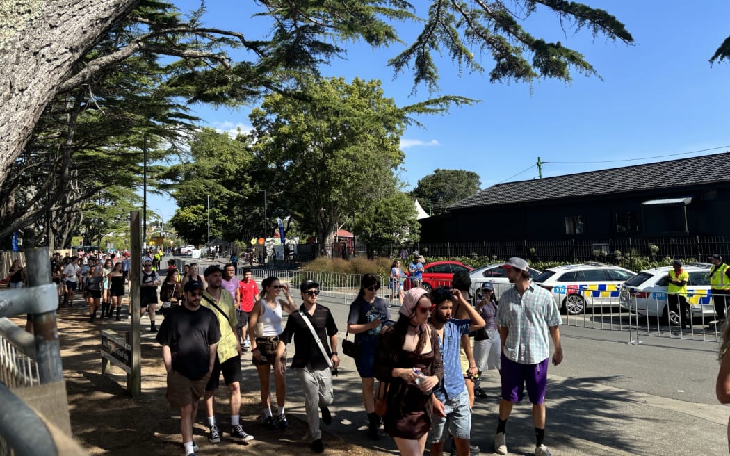 Concertgoers wait in a queue at today's Laneway Festival in Auckland. Photo: RNZ 