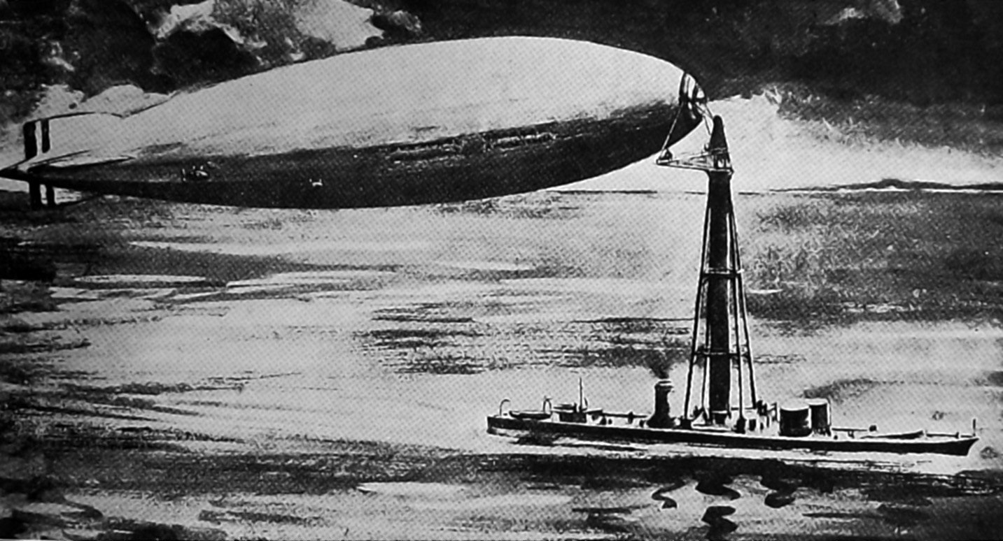 A design of the Airship Guarantee Co, shown moored to a floating base. — Otago Witness, 21.4.1925 