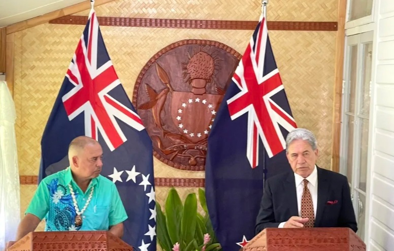 Cook Islands Prime Minister Mark Brown, left, and New Zealand Foreign Affairs Minister and Deputy...