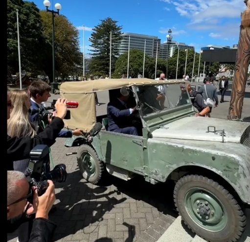 David Seymour starts to drive a Land Rover up the steps of Parliament. Photo: ACT Party