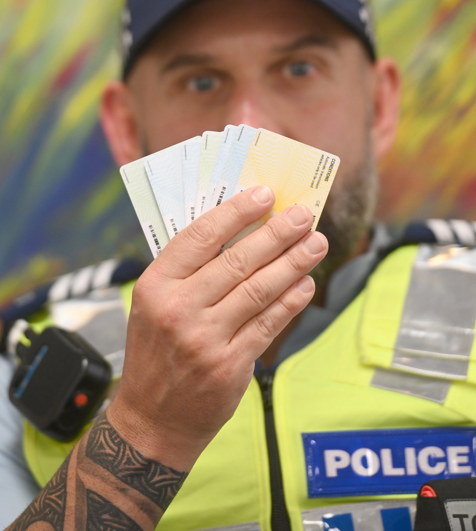 Sergeant Steve Jones, of Dunedin, holds a handful of altered IDs. Photo: Linda Robertson