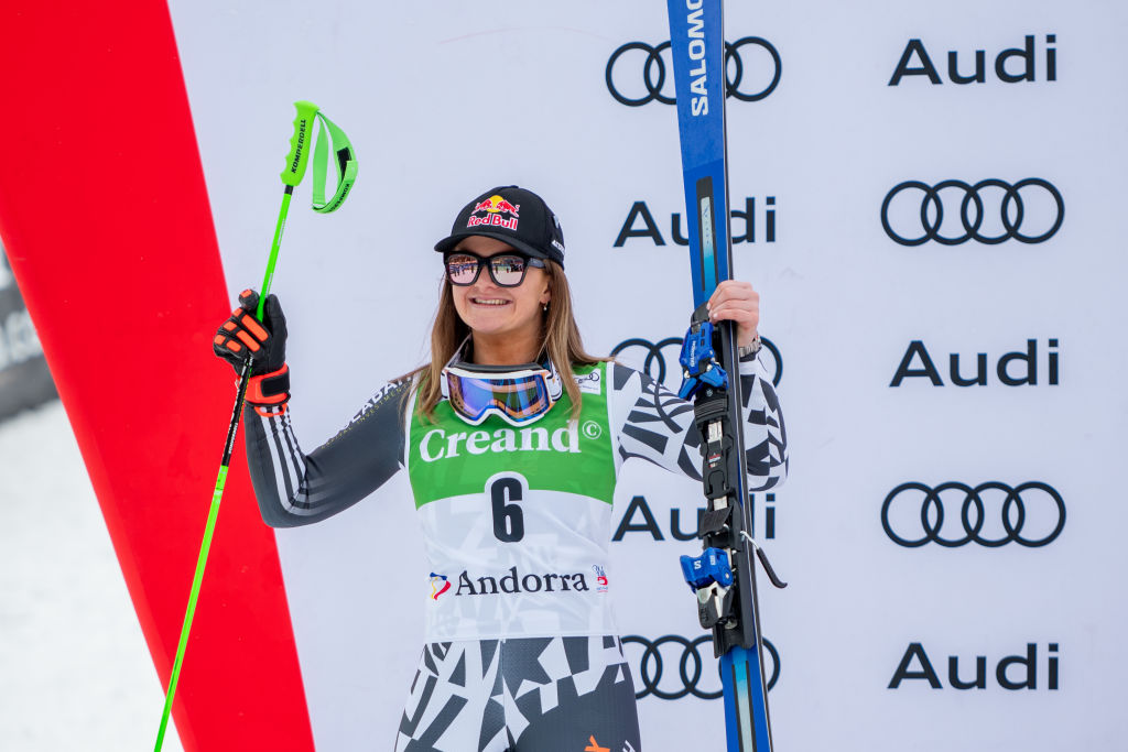 Alice Robinson during  the trophy ceremony for the Women's Giant Slalom discipline at the Audi...