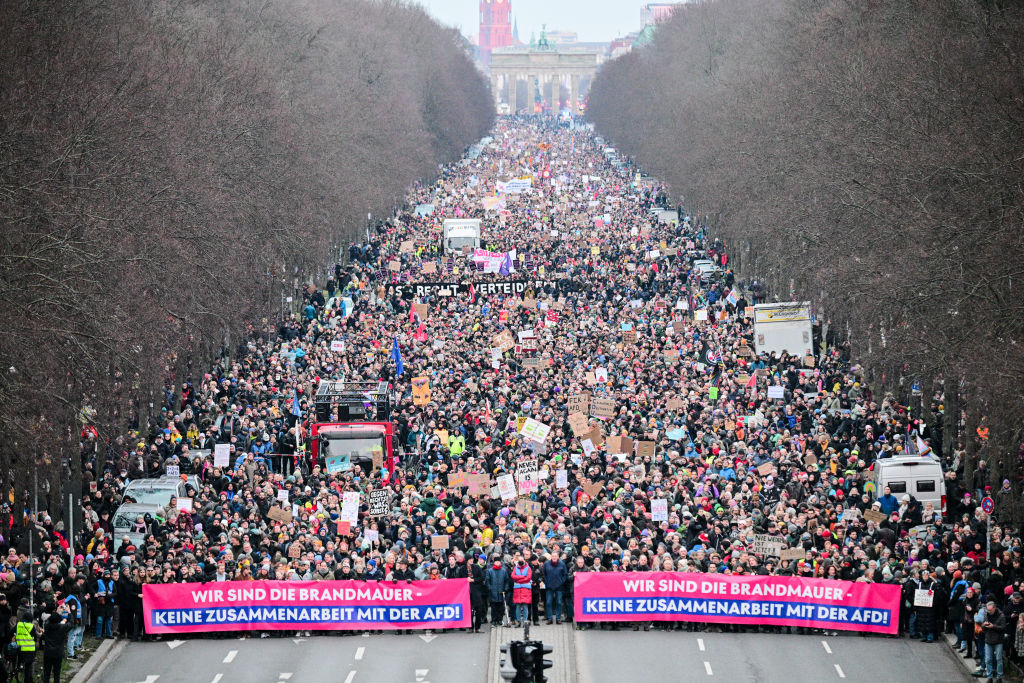 A large crowd protests at the Brandenburg Gate in Berlin. Photo: Getty Images