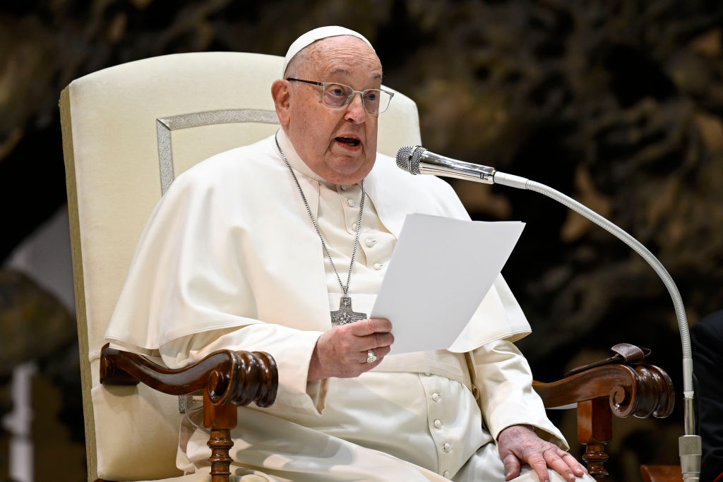 Pope Francis holds his homily during the weekly General Audience at the Paul VI Hall in the...