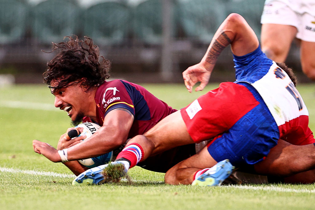 Highlanders centre Tanielu Tele’a scores for the Highlanders during their win over Moana Pasifika...