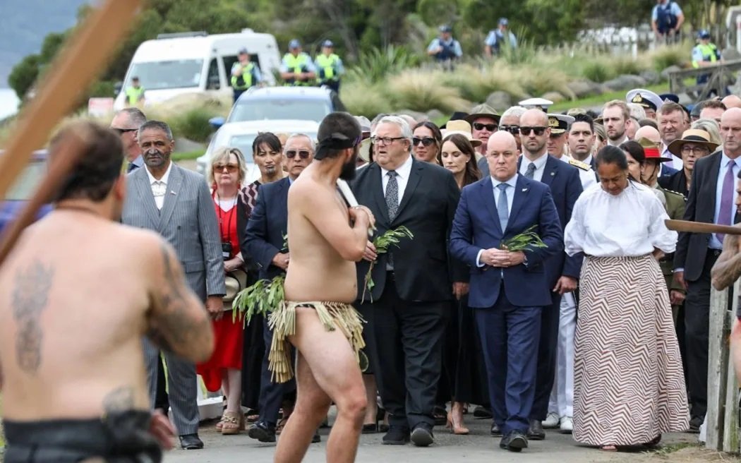 Prime Minister Christopher Luxon arrives on Ōnuku Marae in Akaroa on Waitangi Day. Photo: RNZ...