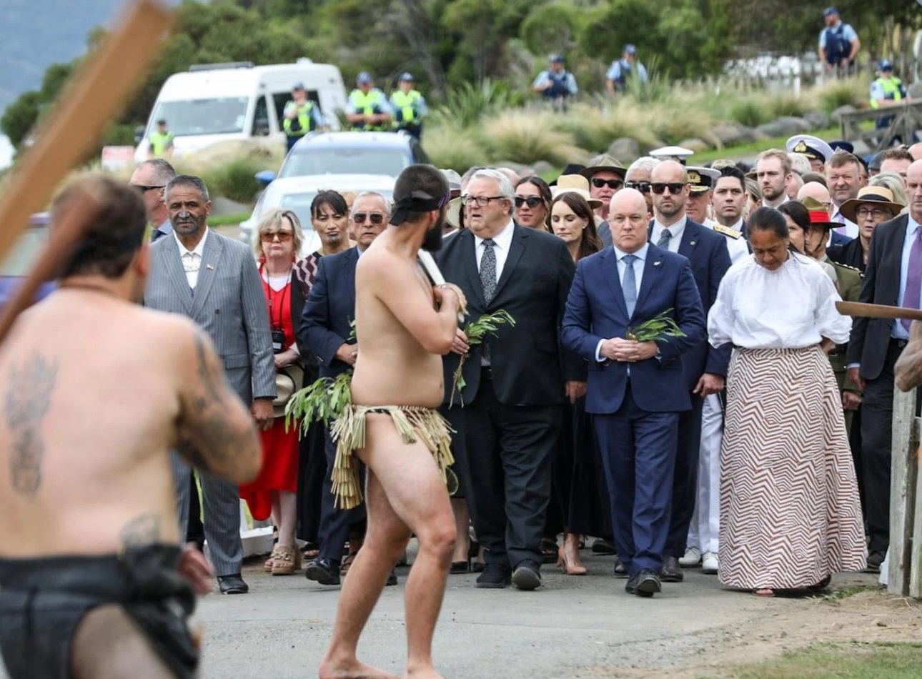 Prime Minister Christopher Luxon is welcomed to Ōnuku Marae. Photo: RNZ