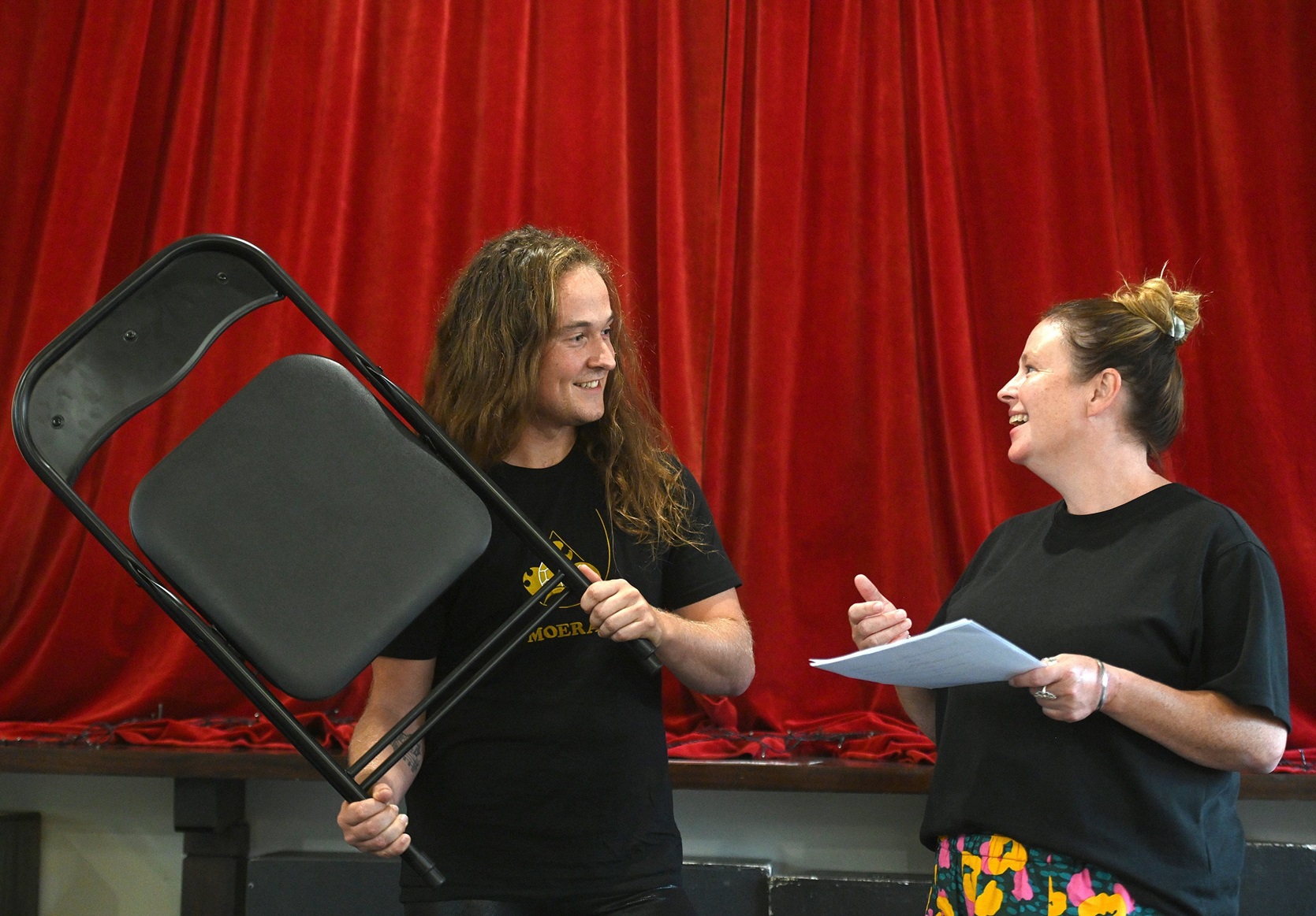 Babyface director Sara Georgie (right) discusses the script with Nick Tipa who tries out a pro...