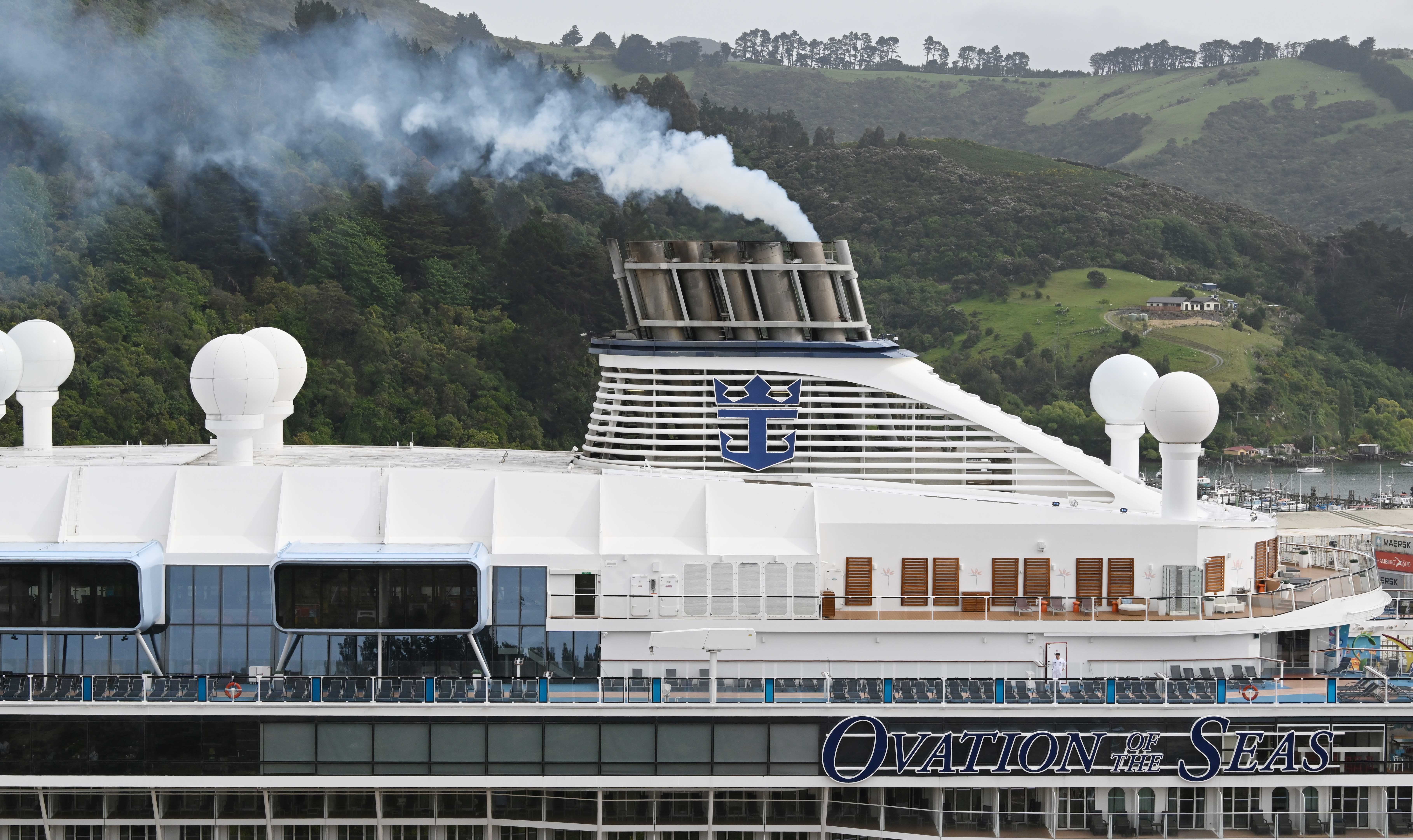 Exhaust smoke billows from 'Ovation of the Seas' at Port Chalmers last year. PHOTO: GERARD O’BRIEN