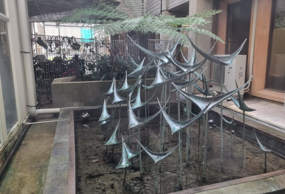 John Middleditch's 'Water Sculpture' (1980) stands at Dunedin Public Hospital in Ōtepoti Dunedin....