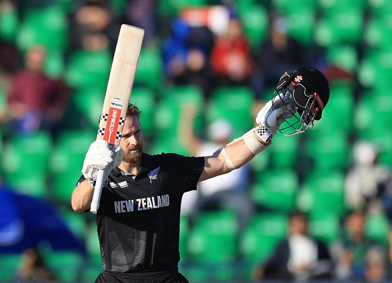 Kane Williamson celebrates reaching his century against South Africa. Photo: Reuters