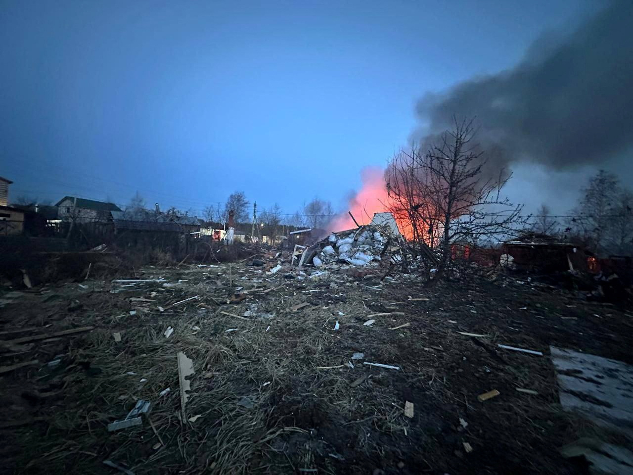 A residential house ablaze after Ukraine's drone attack in the Moscow region, according the local...