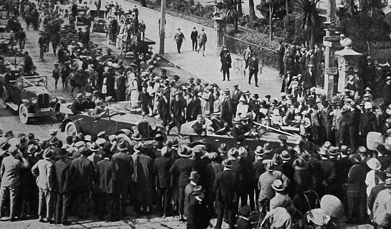 The All Blacks arrive from their 1924-25 tour of Britain and France: the procession leaves...