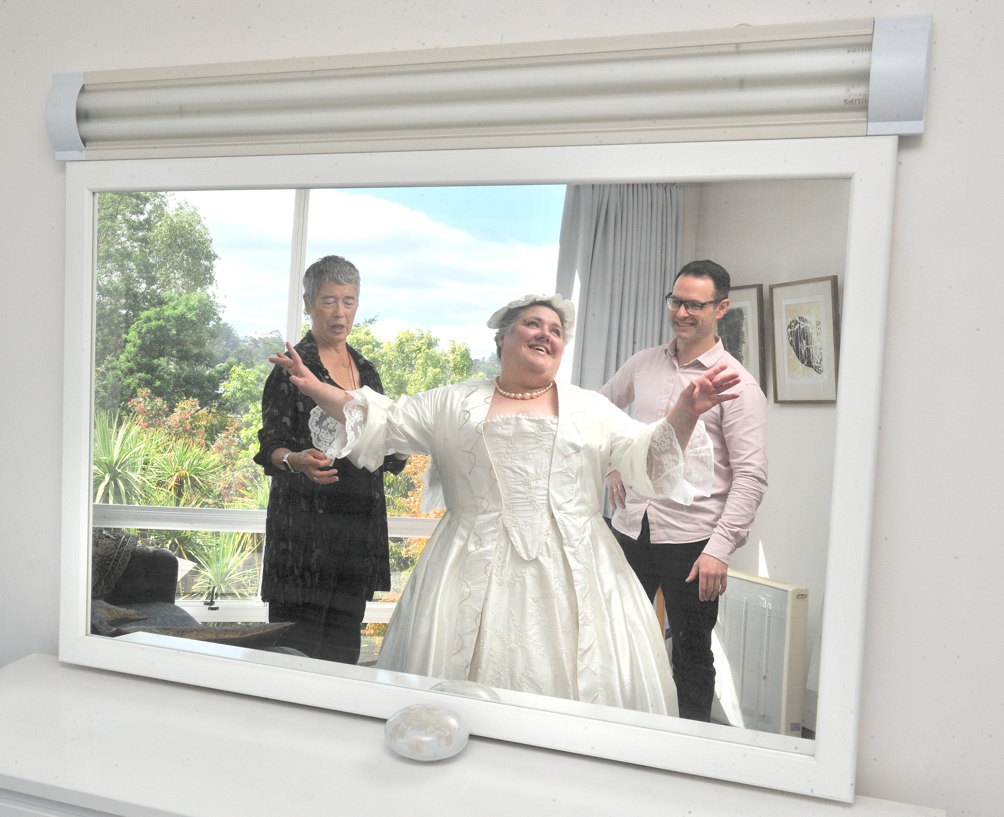 Costume maker Charmian Smith, Mezzo-soprano Claire Barton and director James Adams at a fitting...