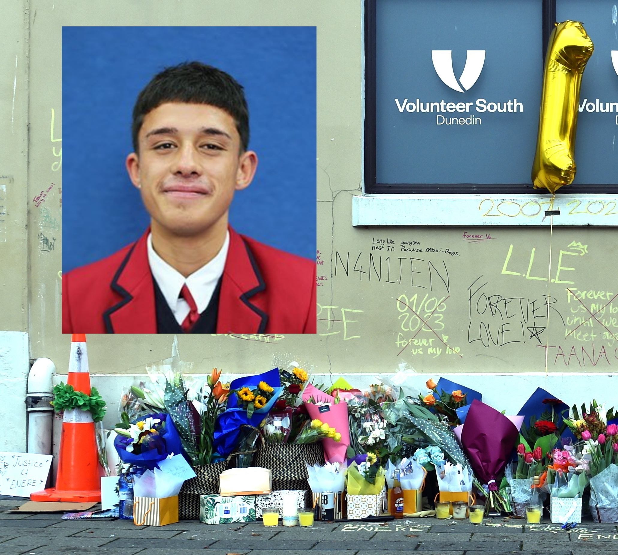 Flowers where Enere Taana-McLaren (inset) was fatally stabbed at the Dunedin Bus Hub in Great...