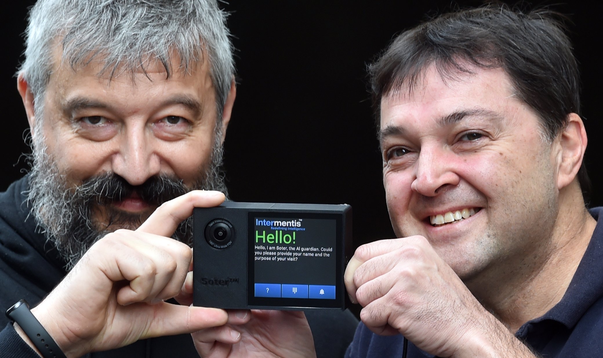 Benoit Auvray (left) and Greg Peyroux display their doorstep technology which they have developed...