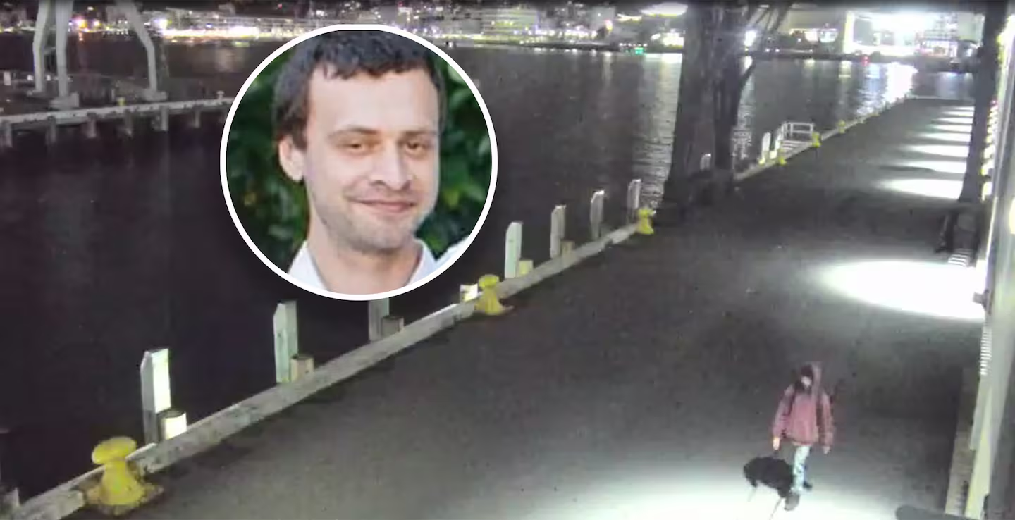 One of the last CCTV images of Sandy Calkin walking along Wellington's waterfront the night he...